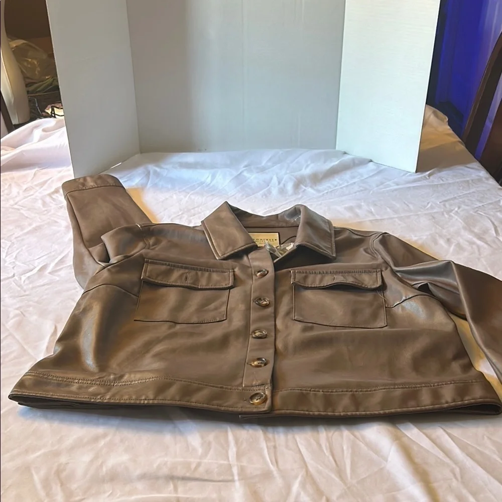 Stylish Tan Leather Jacket with Button Detail